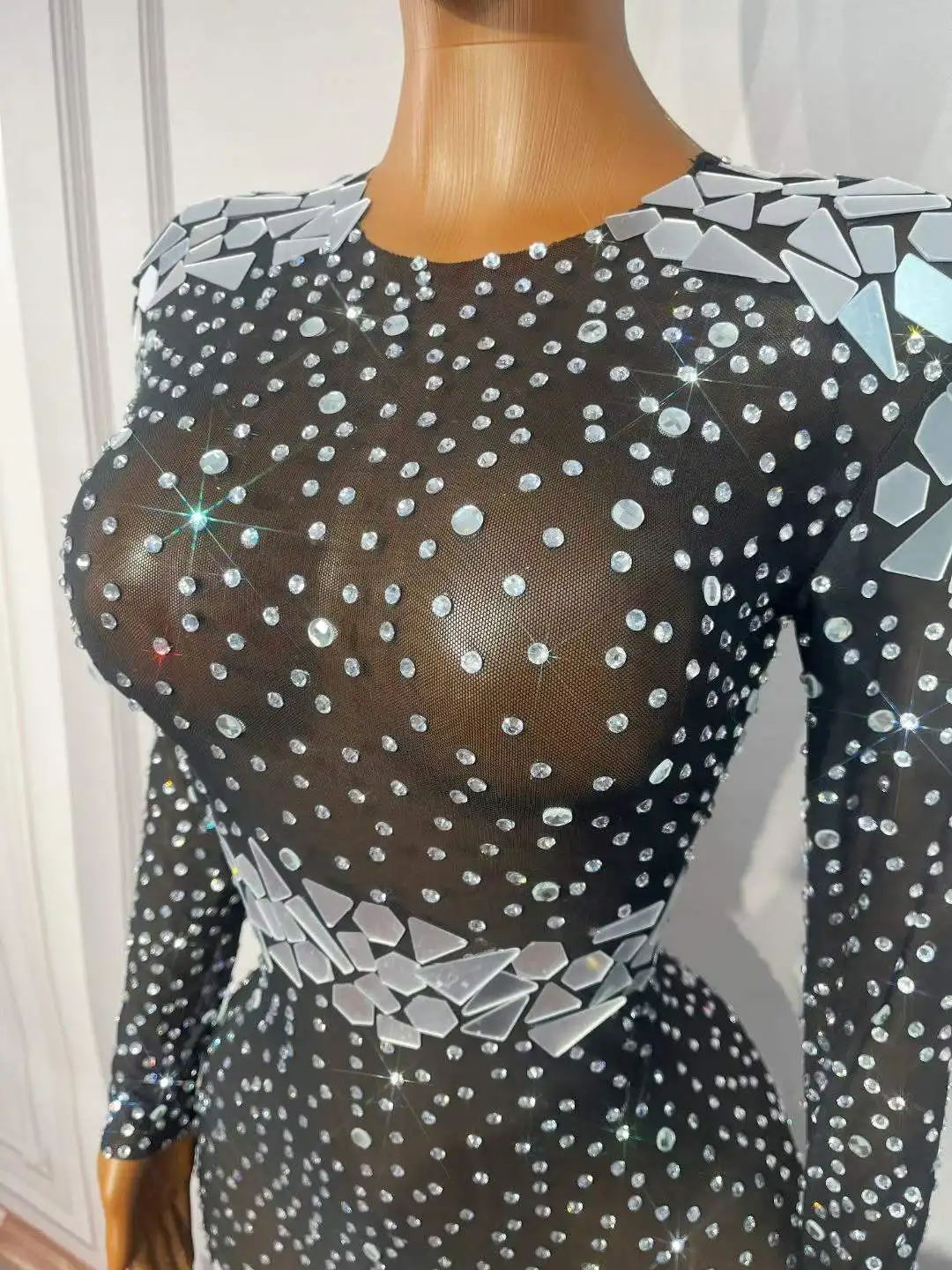 Sexy Transparent Black Mesh Shining Mirrors Rhinestones Trim fit Dress Women Party Evening Gown Red carpet Show Stage Wear view 5