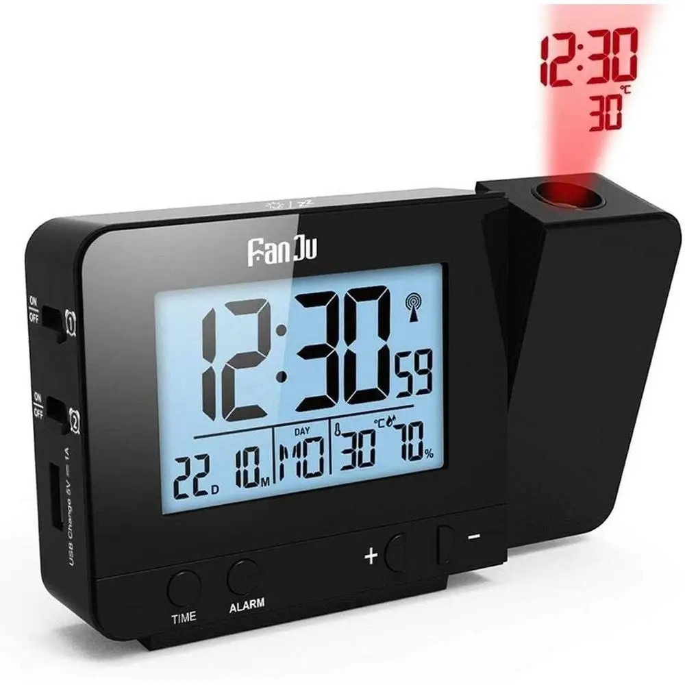 Projection Alarm Clock with 180° Rotatable Projector FM Radio Red LED Display 4-Level Brightness Dimmer Dual Alarm