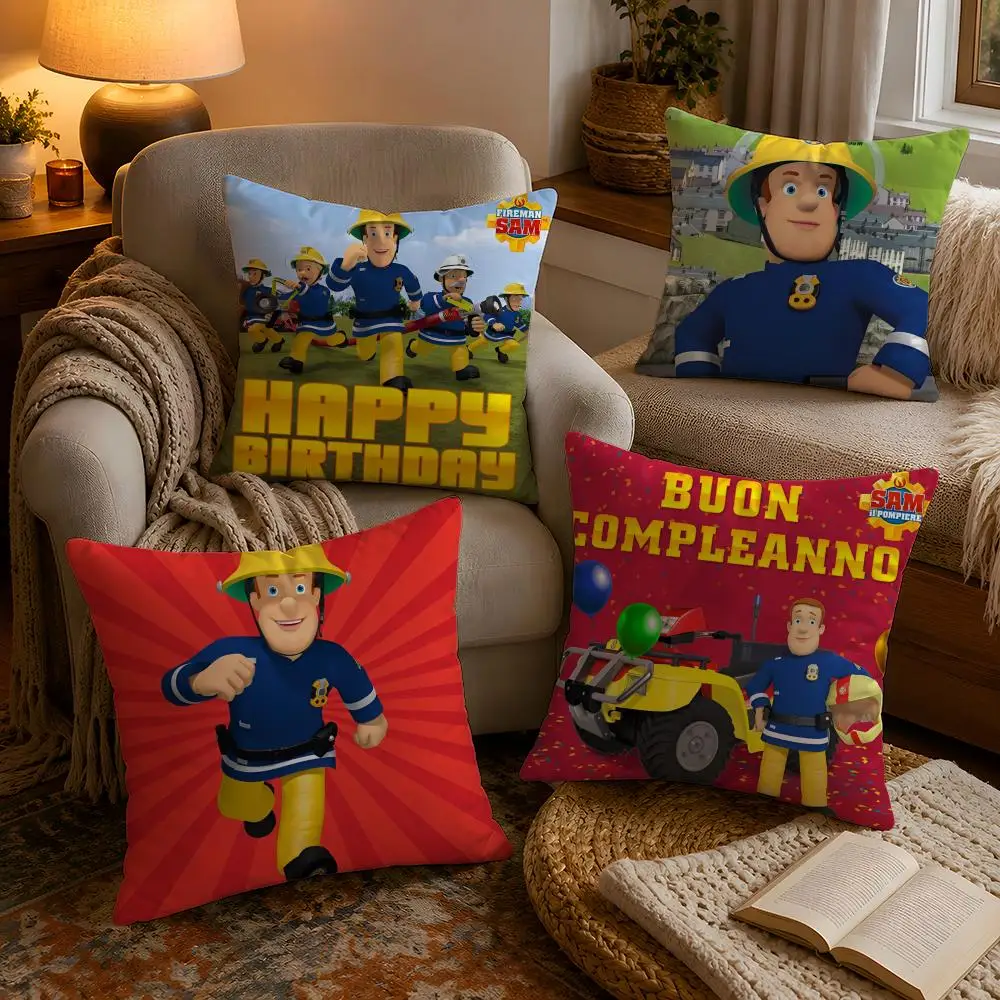Cute Anime F-Fireman S-Sam Cushion Cover Soft Plush Cushion Cover Double Print And Invisible Zipper For Sofa Home Car Use