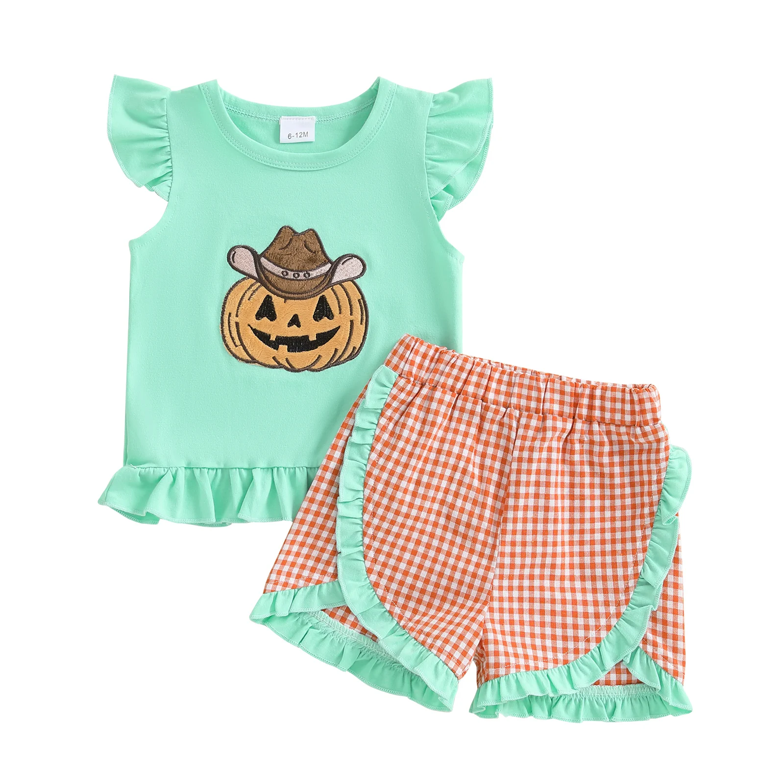 

Toddler Baby Girls Summer Sets Halloween Pumpkin Embroidered Flying Sleeve Round Neck Tops Ruffled Plaid Shorts 2 Pcs Outfits