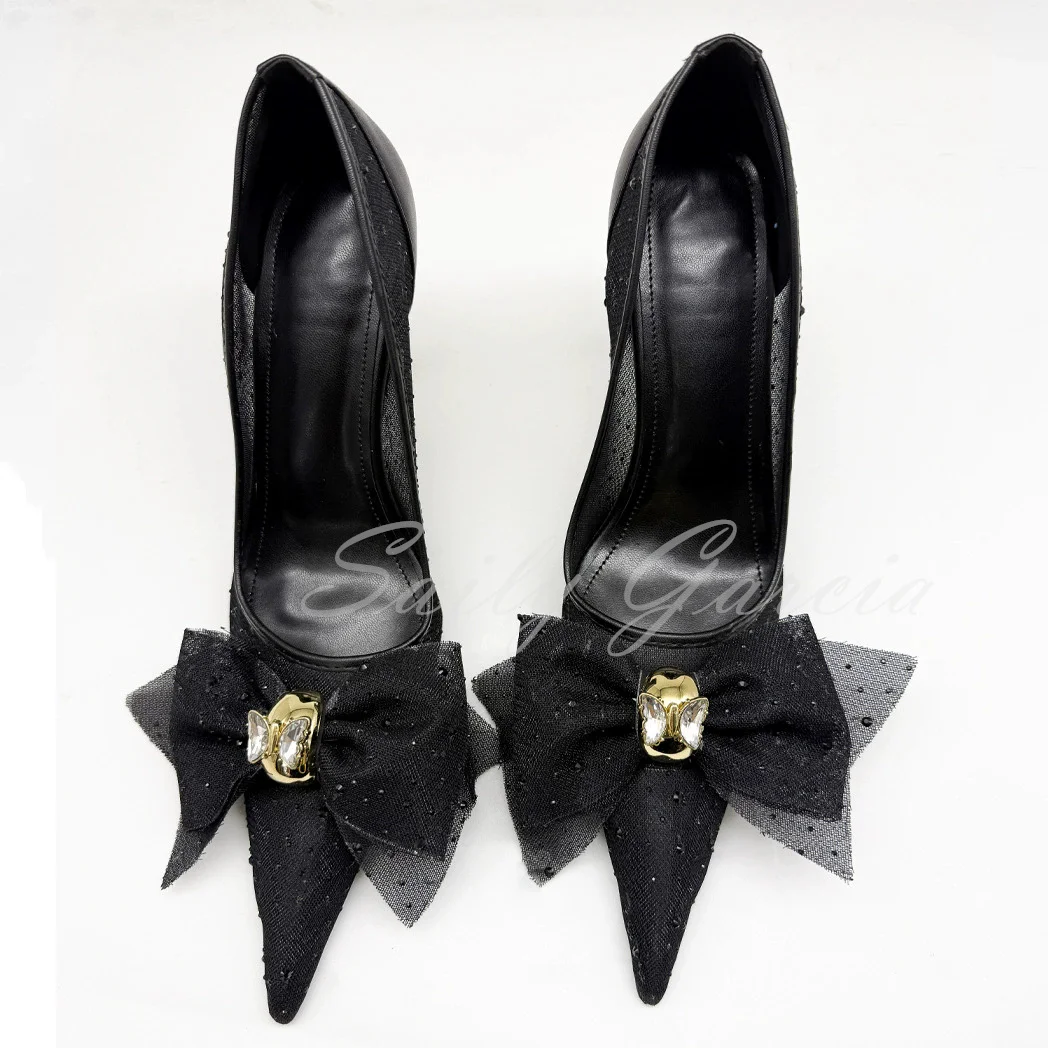 حجر الراين شبكة مضخات المرأة مثير أشار تو كعب ستيليتو القوس ديكور المعادن غير النظامية كعب جلد أنيقة فستان الحفلات الأحذية #2