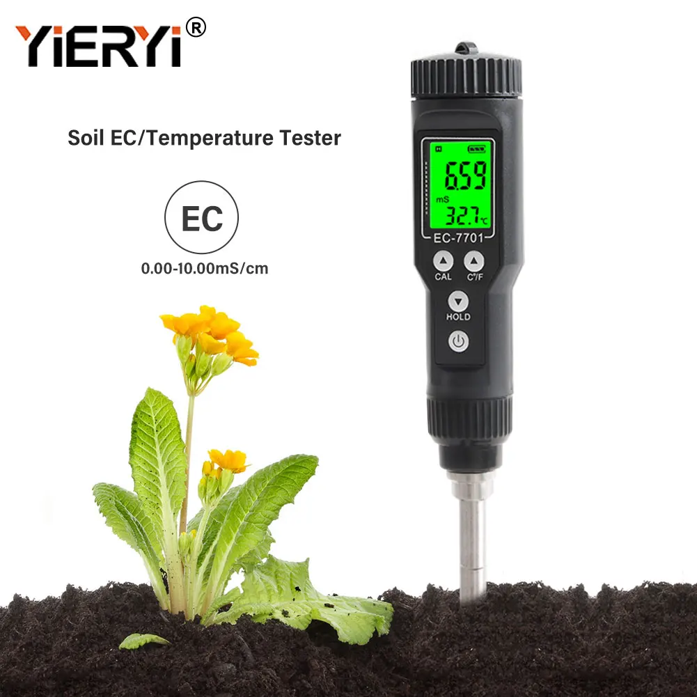 Yieryi-Soil Conductivity Tester para Farm, Soil Conductivity Meter, Teste de Salinidade do Solo, Digital, Garden Plants, EC-7701, 0.0-10.00 m/s, Novo