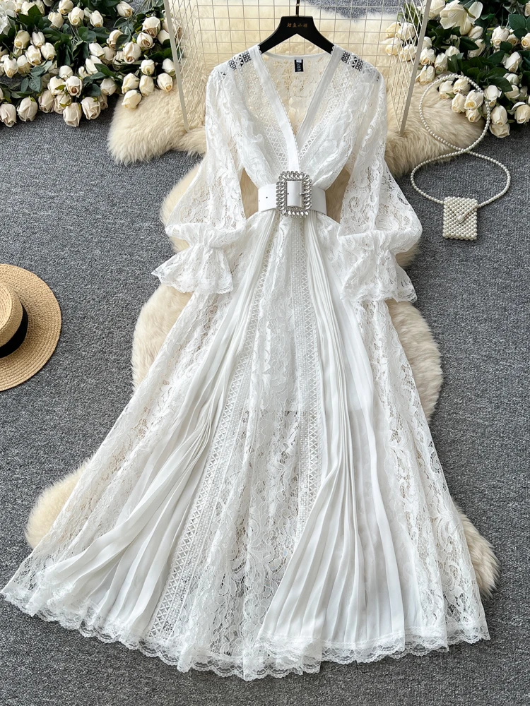 Ele V-ne Ruched الخصر هوك الدانتيل الدكتور المرأة تنورة طويلة الخريف 2025 جديد Sle الكورية Sle عالية الخصر ألف خط الدكتور #2