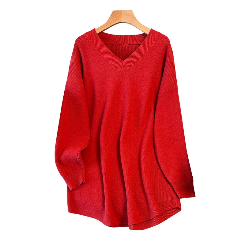 Loose V-neck Sweater Plus Size Women\'s Pullover Knit Dress