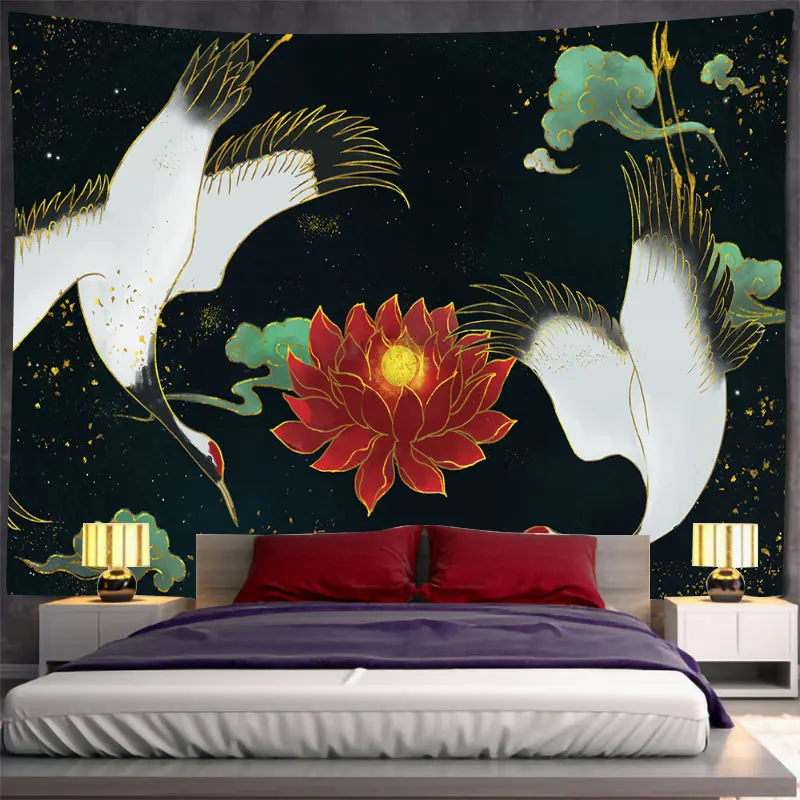 Japanese Syle Tapestry Tapices Room Wall Art  Red-crowned Crane Home House  Bedroom Masion Aesthetic Decor For Hanging