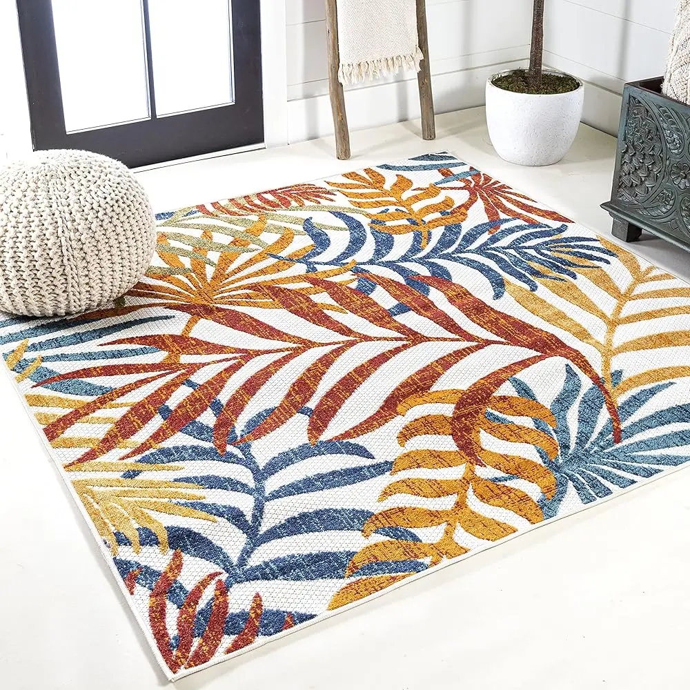 

Amc100B-5Sq Tropics Palm Leaves Indoor Outdoor Area-Rug Bohemian Floral Easy-Cleaning High Traffic Bedroom Kitchen Backyard