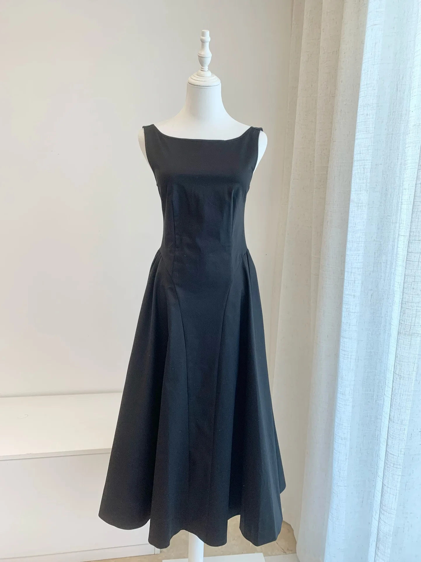 Women's Black 100% Linen Strapless Big Swing Halter Long Dresses