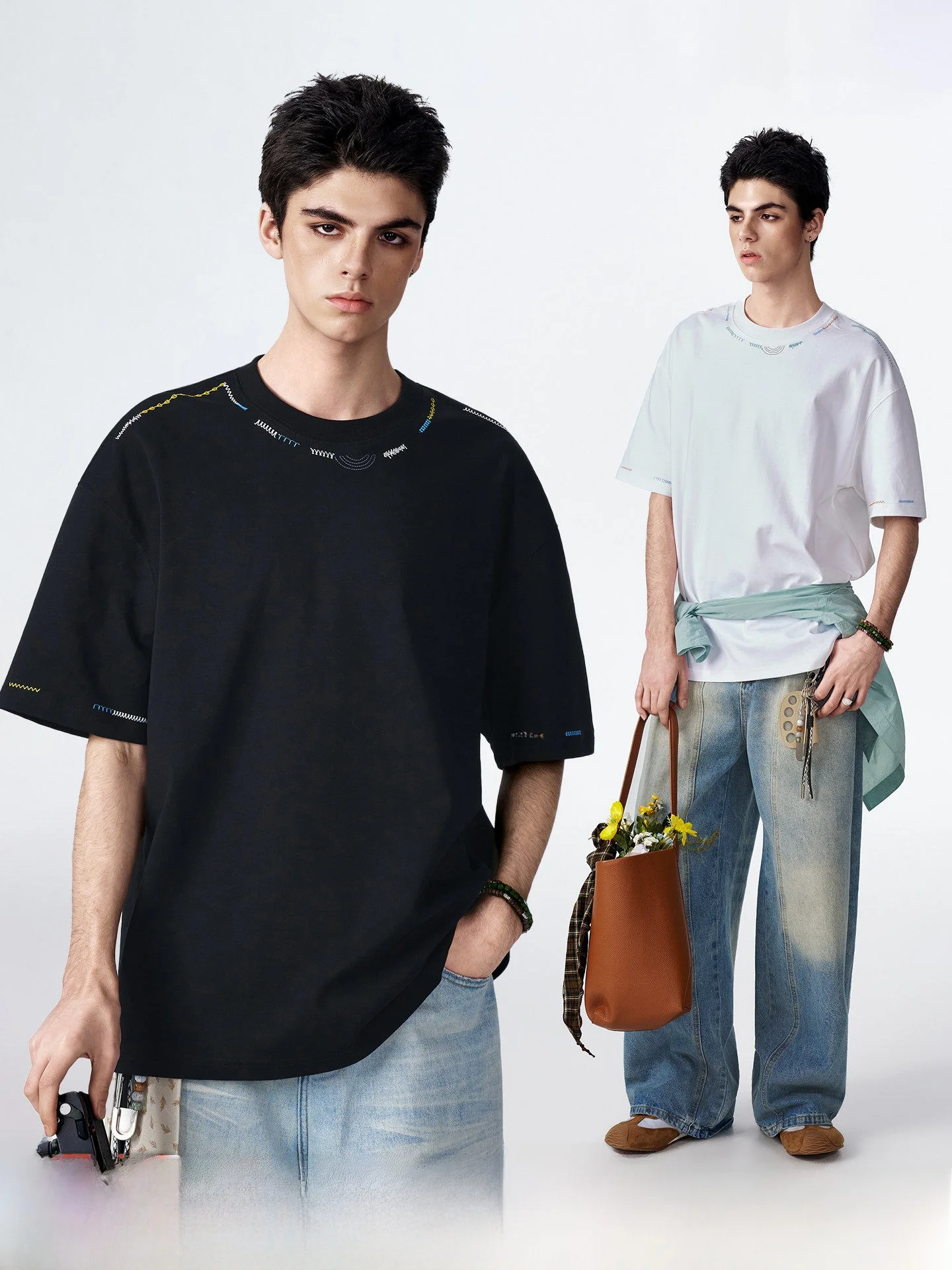 

American Design Style Embroidered Short Sleeve Casual Men's T-shirt Dream Made Heavyweight Half Sleeve Cotton Blend Tee