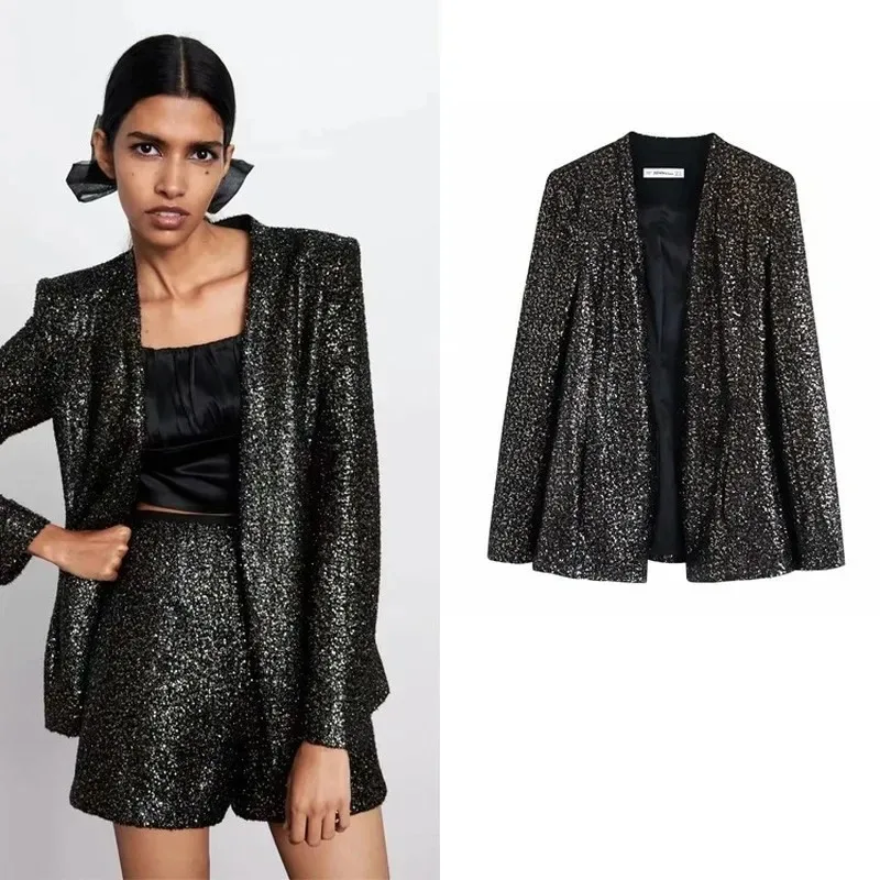 Fashion Sequin Buttonless Blazer Suit 2023 Sexy Women Black Mid Length Casual Office Blazer Temperament Slim Commute Suit Coats