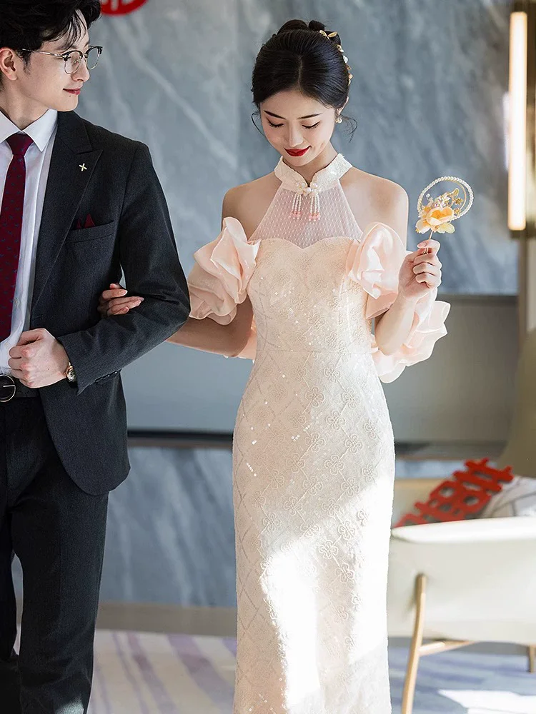Sexy Off Shoulder Fishtail Dress Engagement Gown New Chinese Style Vintage Qipao Mandarin Collar Improved Luxury Cheongsam