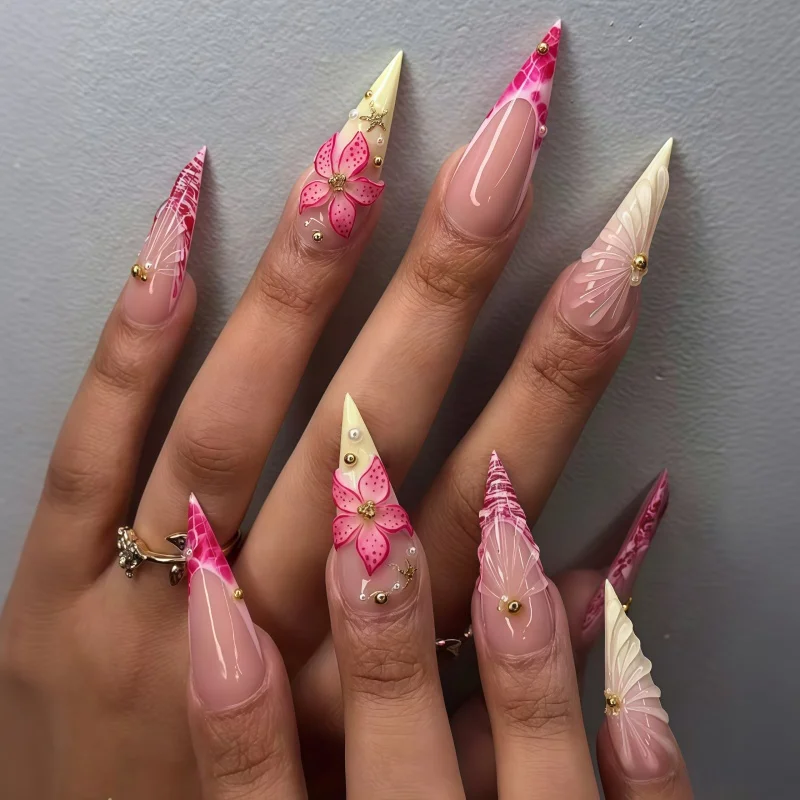 24 pieces of ultra-long nail stickers nude 3D pink prumeliya shell-shaped wing pearl fake nails