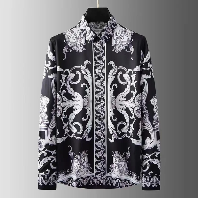 Autumn Luxury Men Long Sleeve Shirts For Man Turn Down Fashion Casual Black Print Tops