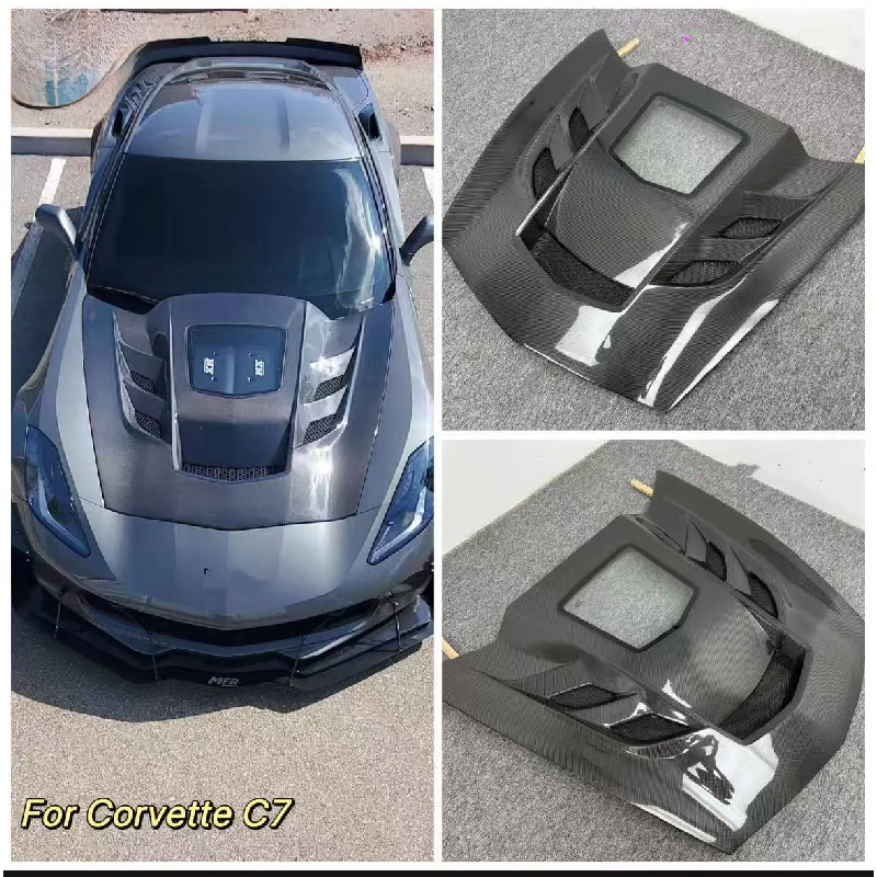 

V2 Regular Style Carbon Fiber Hood With Glass Cover Lightweight Aerodynamic Bonnet Exterior Refit Parts Fit C7