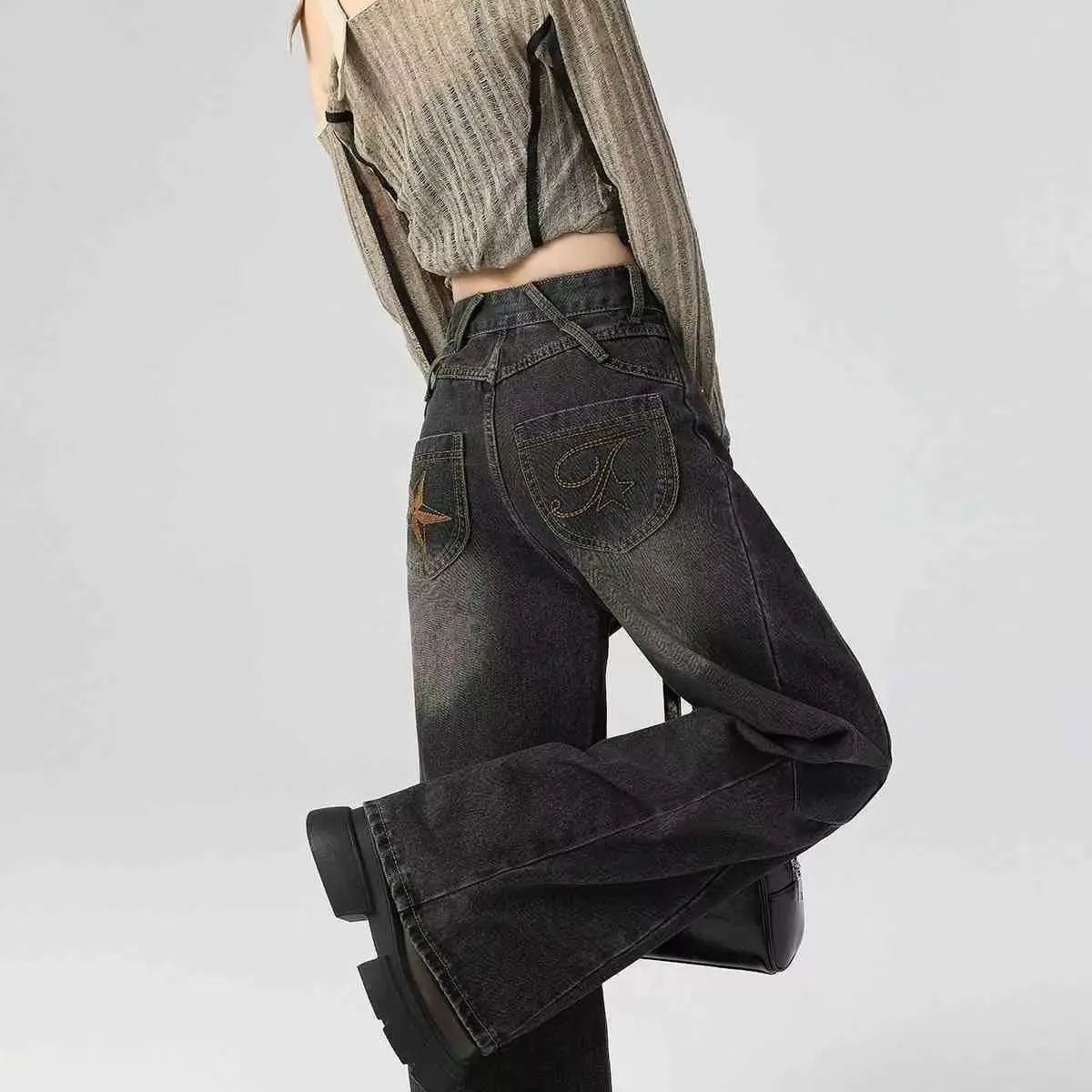 

Unique Design Wide Leg Denim Jeans Women's Embroidered Hip Conceal Slim Loose Straight Cotton Polyester Blend Casual Trousers