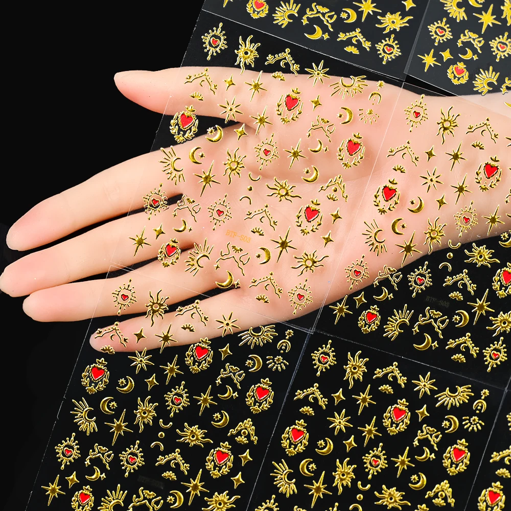 

Bronzing Gold Red Heart Nail Art Stickers Gold Star Sun Moon Decal Self-Adhesive Nail Sliders DIY Nail Art DecorationAccessories