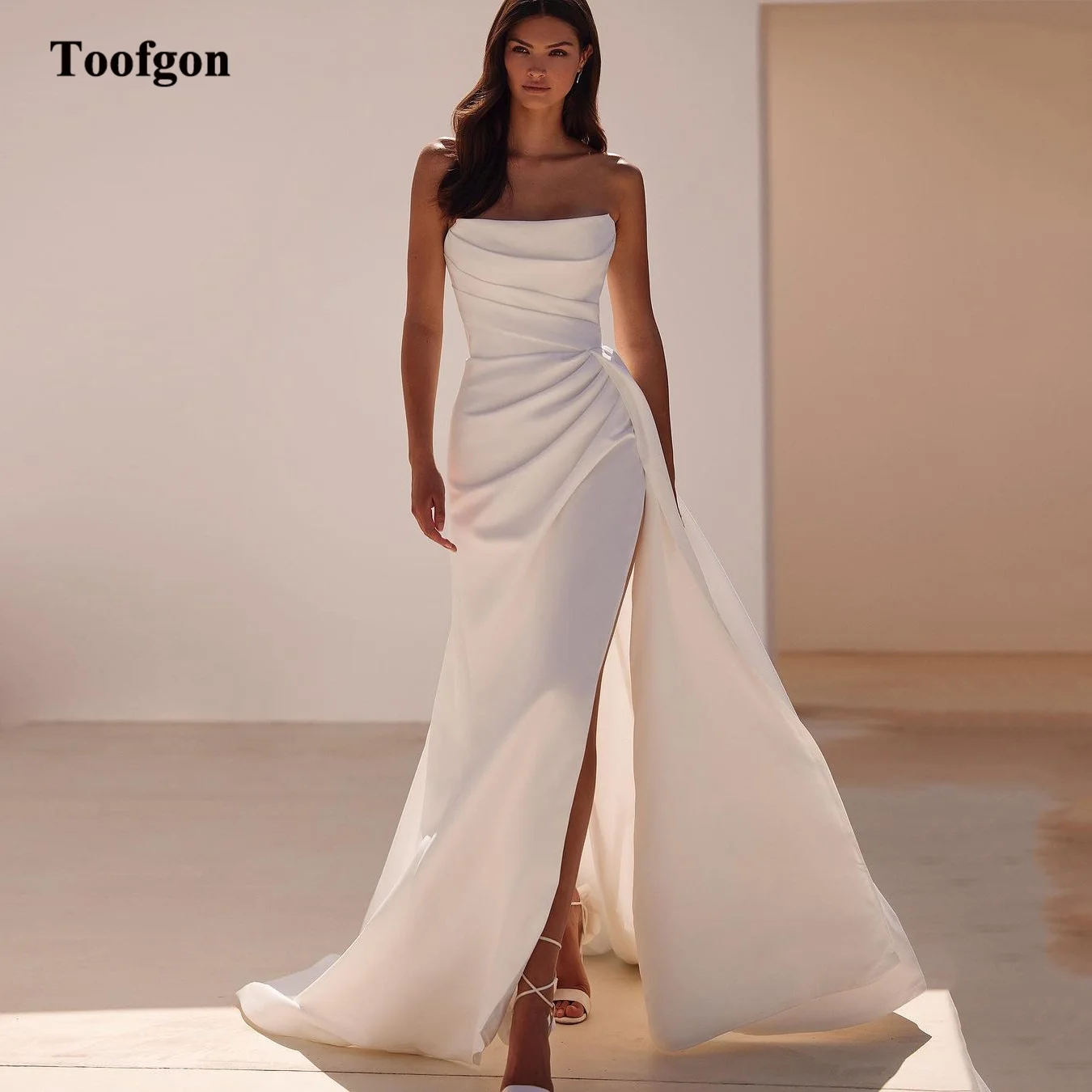 Toofgon Simple Sheath Matte Satin Long Wedding Gowns Strapless Pleats Slit Formal Bride Dress Women Prom Party Wedding Dresses