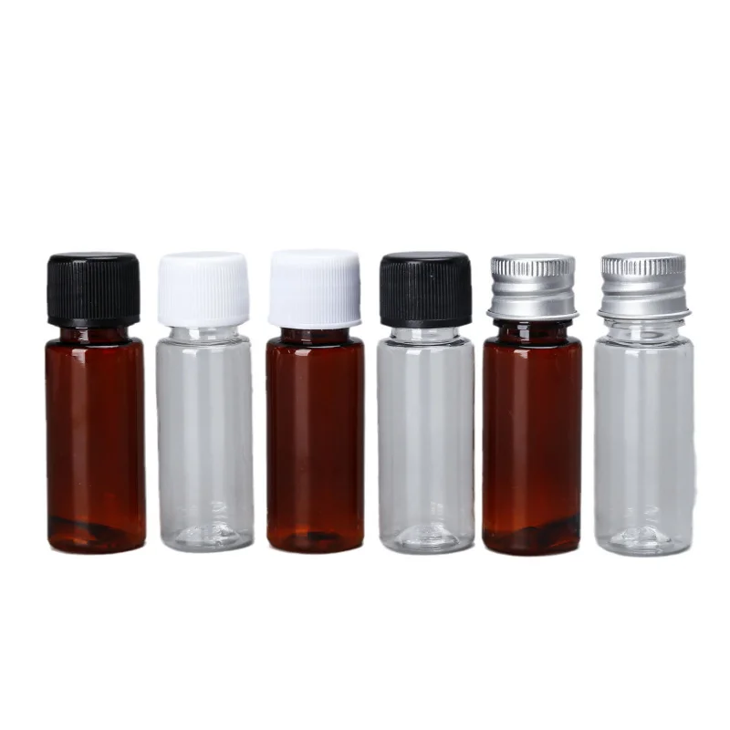 20 مل زجاجة بلاستيكية شفافة بغطاء لولبي وغطاء ألومنيوم ضغط حاوية توزيع كاشف مقاومة للضوء