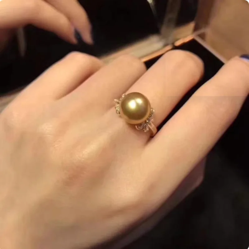 

Gorgeous AAAA 10-9mm Round Natural South Sea Gold Pearl Women's Ring 925 Silver