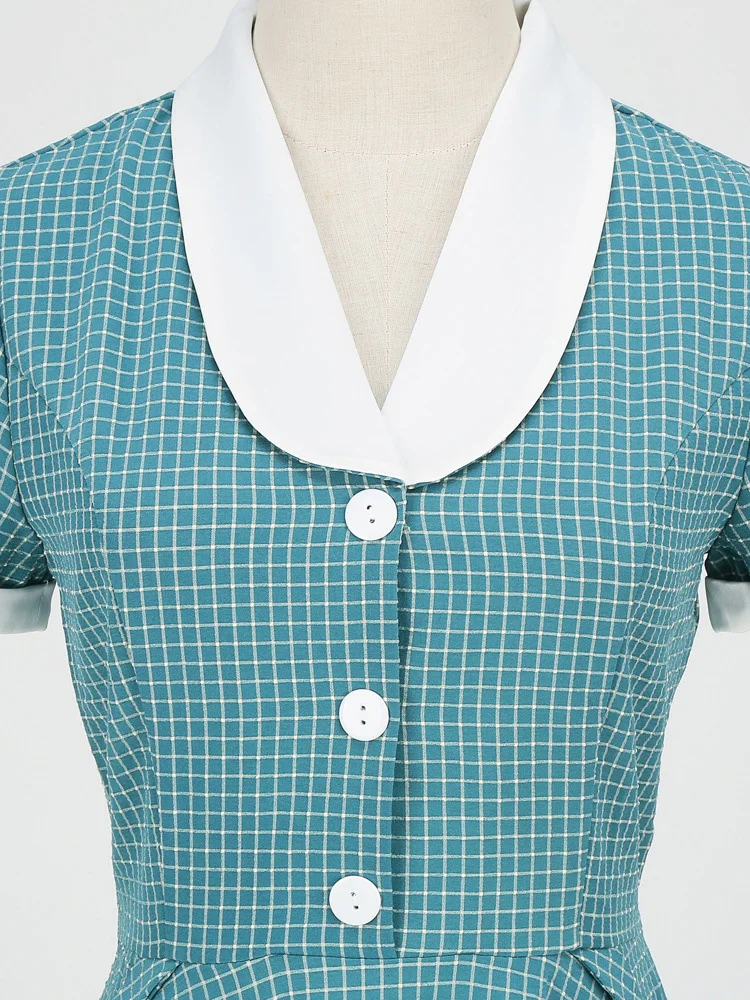Tonval Shawl Collar Button Up Vintage Robe Plaid Long Dress Evening Elegant for Women Short Sleeve Pockets A-Line Dresses