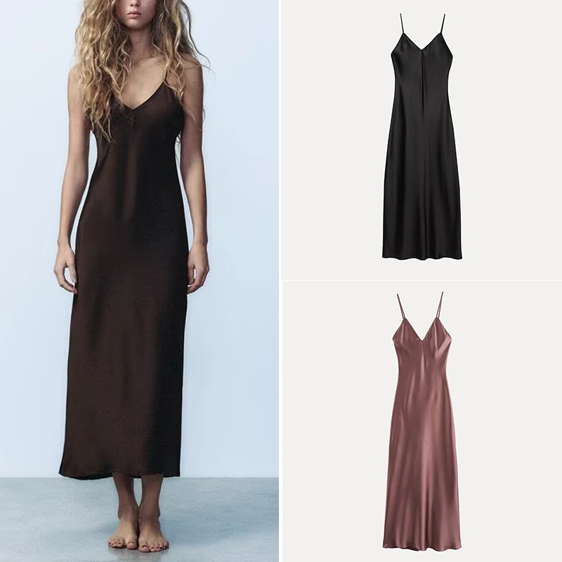 2025 Summer New Women's Faion Satin Nightgown Dr High Waist A-Line Long Skirt V-Ne Svel Polyester Blend Gown