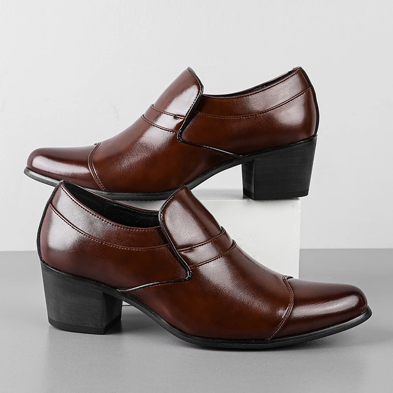 Men's Point Cuban Heel Dress Shoes Smooth Leather Upper Height Increasing Thick Heel Versatile Formal Stage Footwear Sizes 38-46