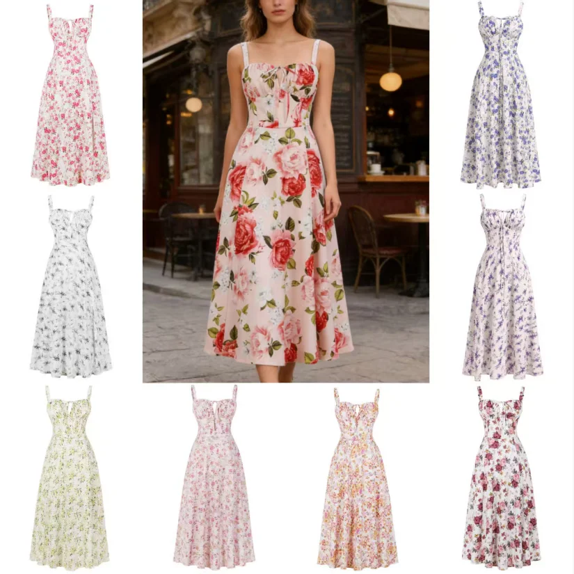 

Summer printed camisole strap fishbone waist cinching dress with elegant temperament and vintage socialite style design