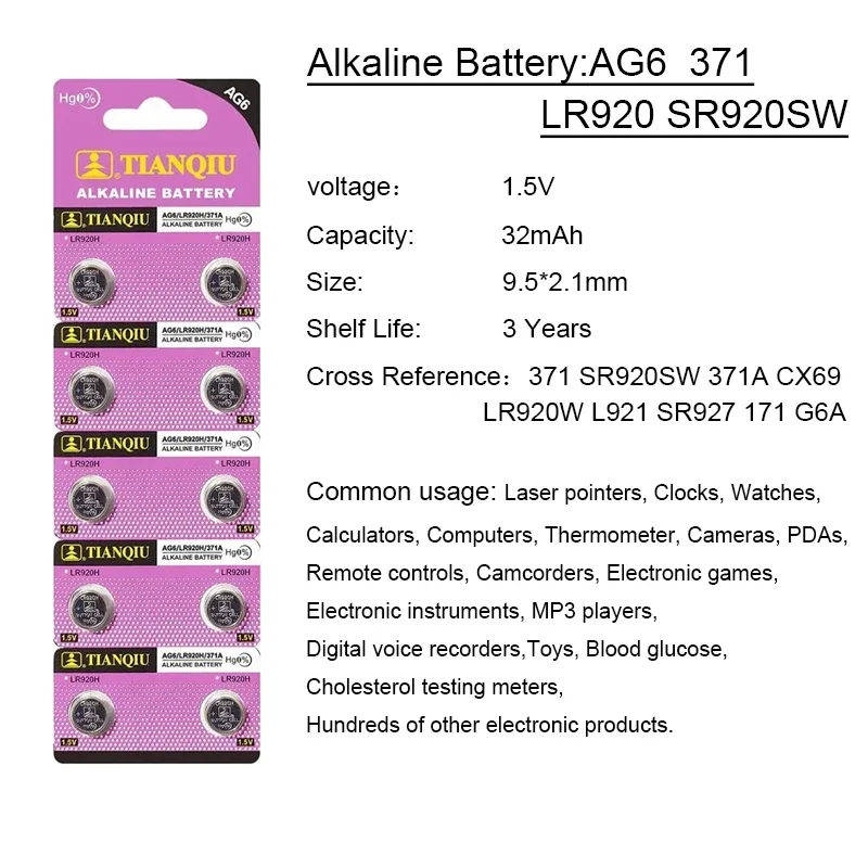 Button Cell Battery AG6 1.5V 2-50PCS SR920SW LR920 SR927 371 171 L921 LR69 For Watch Calculator Radio Replacement