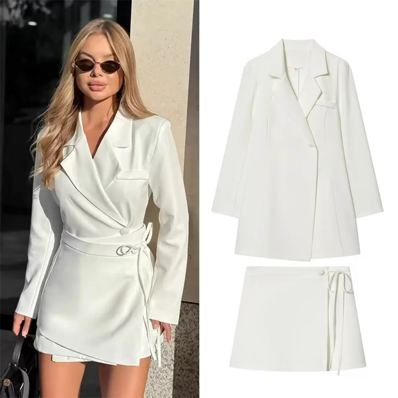 Women's Suit 2026 Spring New White Long-Sleeve Waist-Fitted Blazer with Wrap Waist Mini Skirt Set Stylish and Chic Sharp