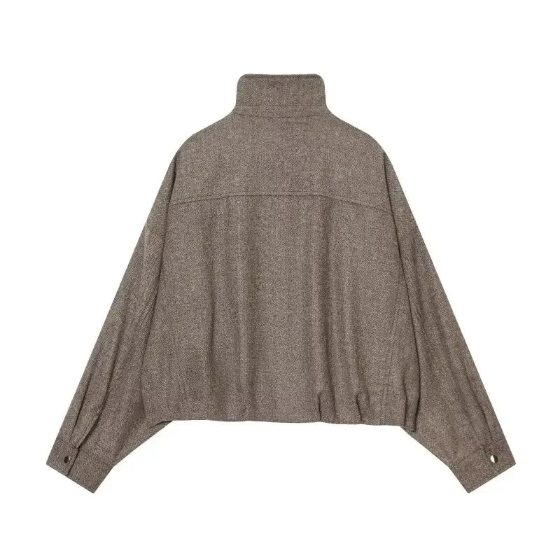 المرأة فضفاضة الوقوف طوق سترة دافئة الإناث أبلى بلوزات على الموضة معطف أسلوب بسيط الشارع الشهير مع جيب كبير