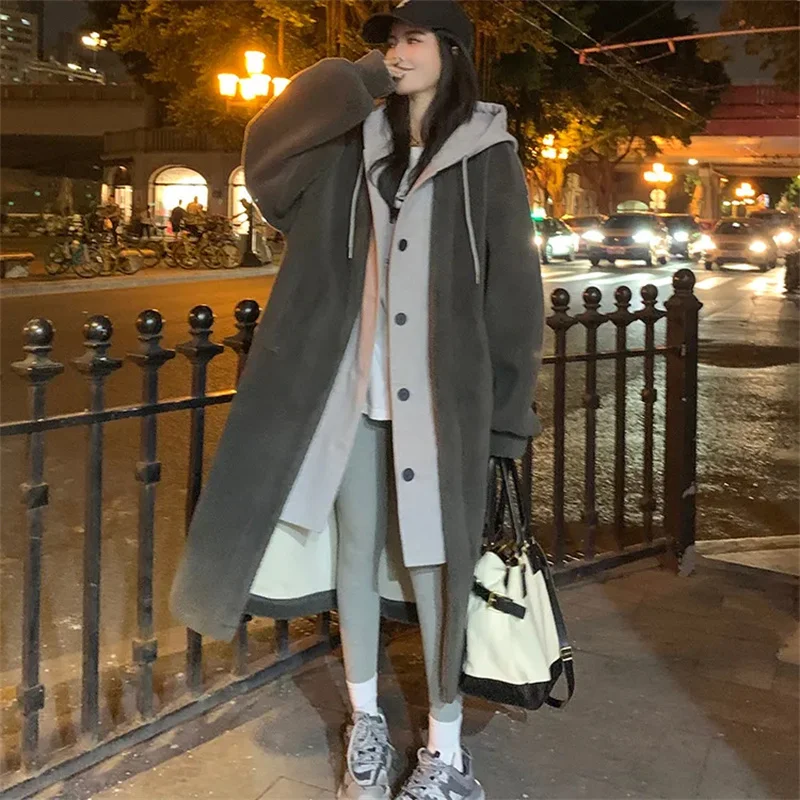 

Fake Two Hooded Jackets Korea Autumn/Winter Loose Lamb Fleece Thicken Long lamb wool Coats Female Fashion Overcoat XQ342