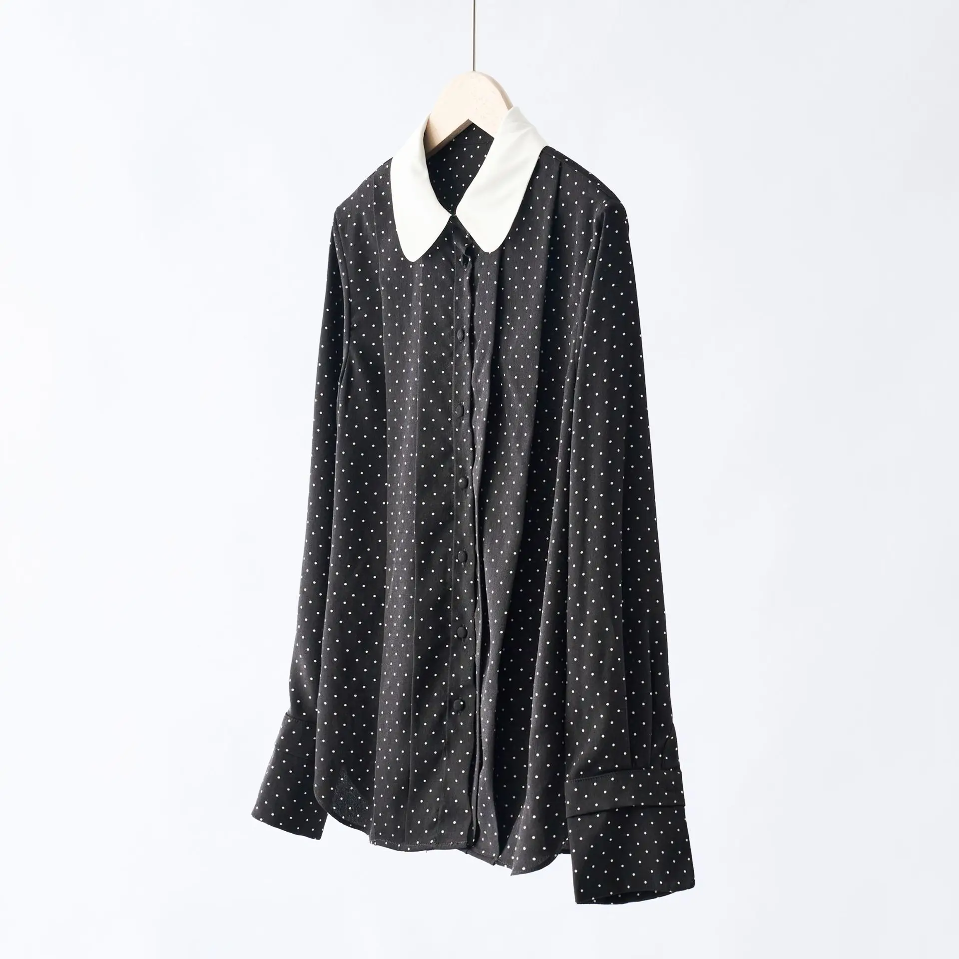 

Шелковая рубашка 6А класса, 16 момме, с воротником Питер Пэн, в горошек, весна 2025, женская, в стиле ретро, прямого кроя, с длинным рукавом