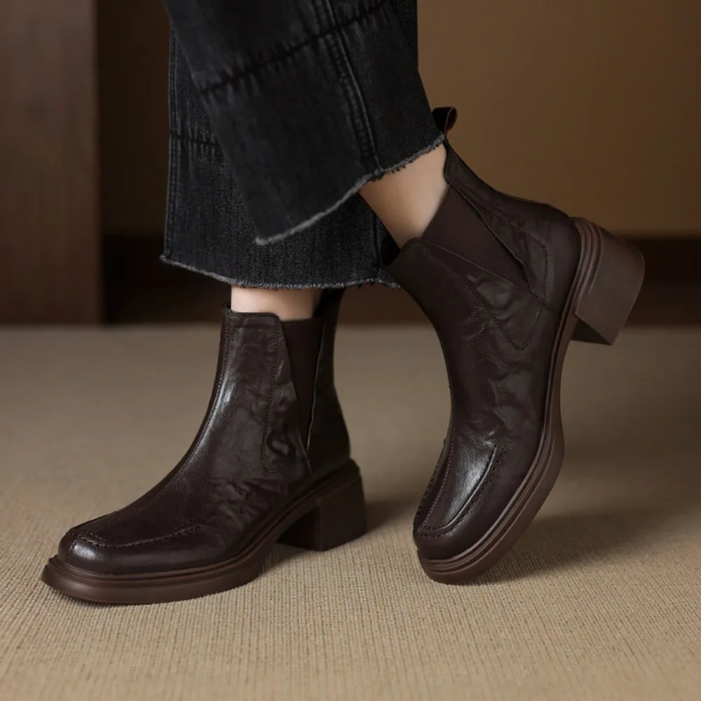 Zorssar Big Size 34-43 Cow Leather Round Toe High Heels Retro Modern Chelsea Boots Warm Winter Shoes Motorcycles Ankle Boots