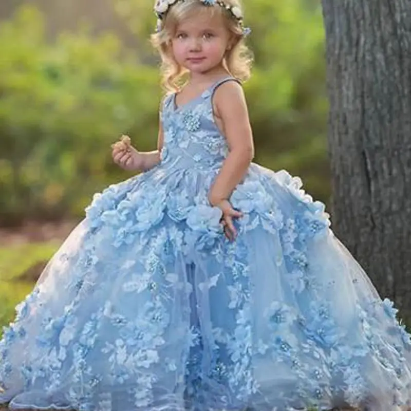 EVLAST Cute Blue Spaghetti Flower Girls Dress Lace Appliques 3D Flower Bead Toddler comunione Dress Puffy Pageant Gowns TFD045