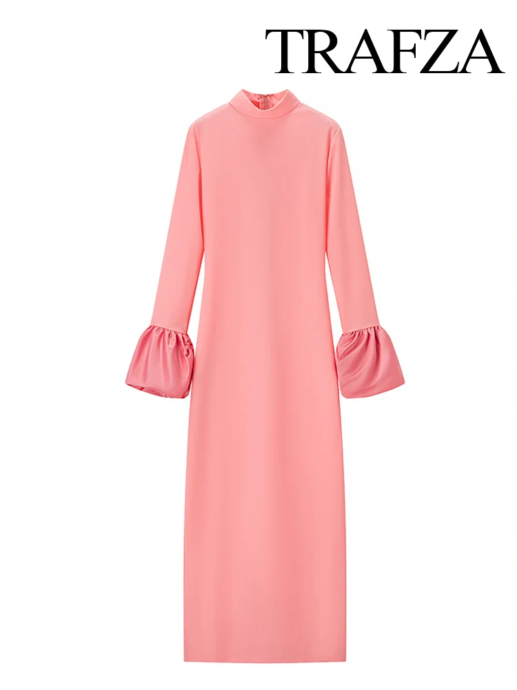 TRAFZA Women Summer Fashion Half-High Collar Long Sleeves Slit Decorate Dress Female Elegant High Street Zipper Slim Long Dress