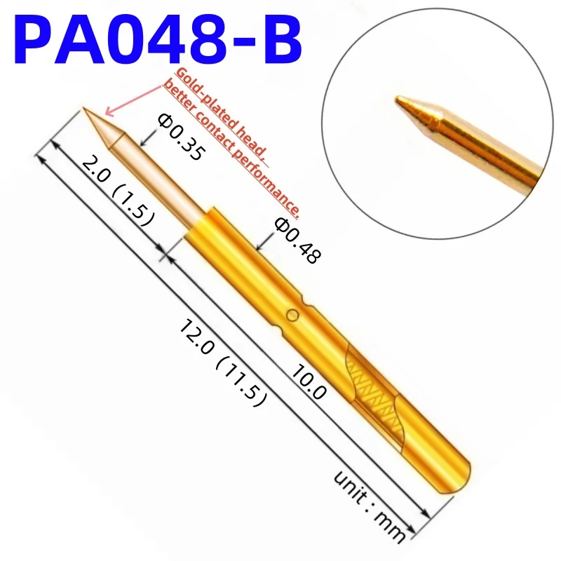 20/100PCS PA048-B1 Spring Test Probe PA048-B Test Pin Test Tool 12mm 0.48mm Gold Needle Tip Dia 0.35mm Pogo Pin P048-B P048-B1