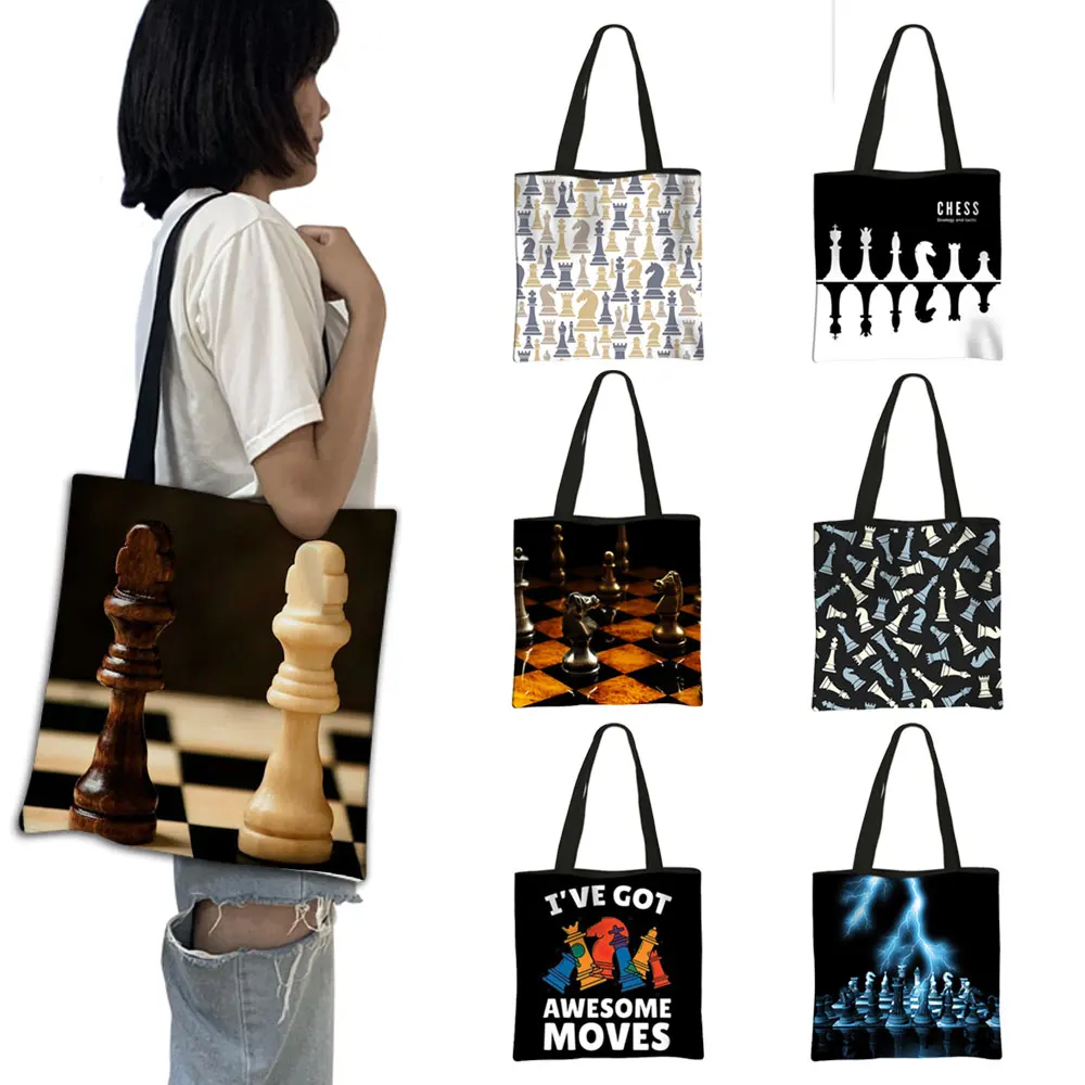 

Cute Chess Print Shopping Bag Chess Player Game Women Handbag Checkmate Large Capacity Grocery Bags Shopper Bag Shoulder Bag