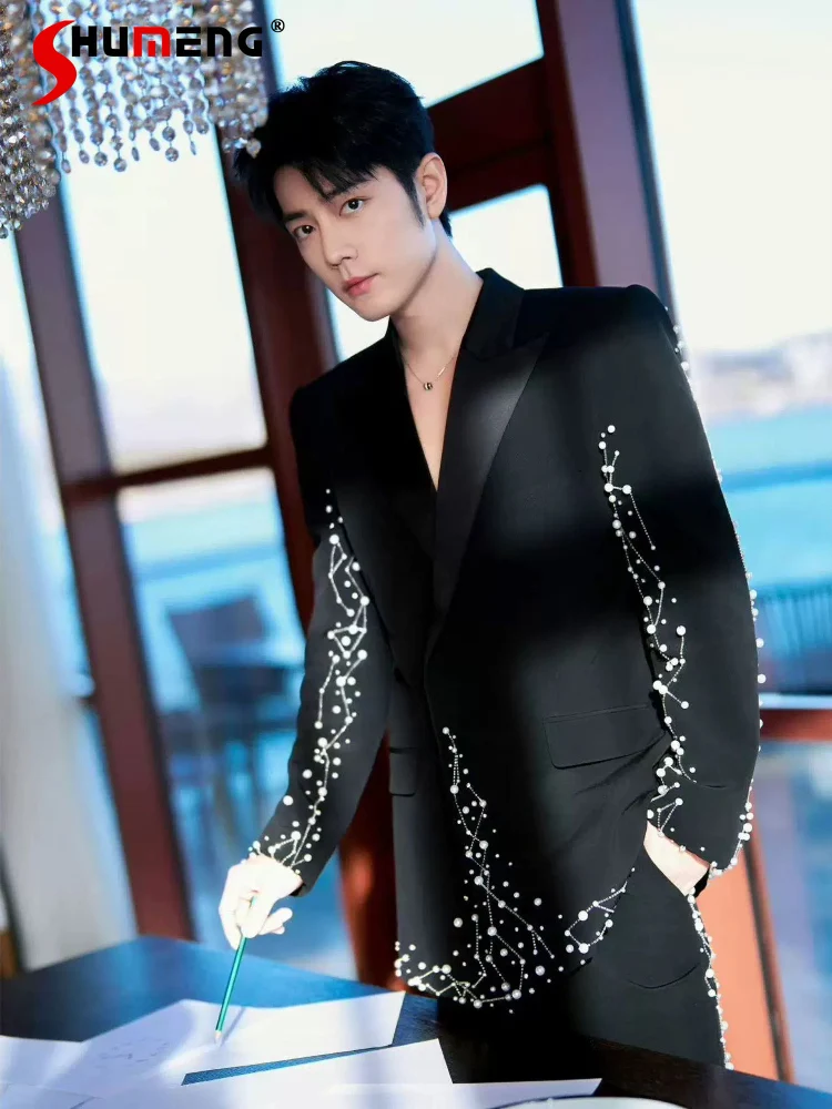 

Fashion Pearl Embroidered Suit Jackets Men's 2025 Spring Autumn New Loose Shoulder Padded Blazers Male Long Sleeve Tailored Coat