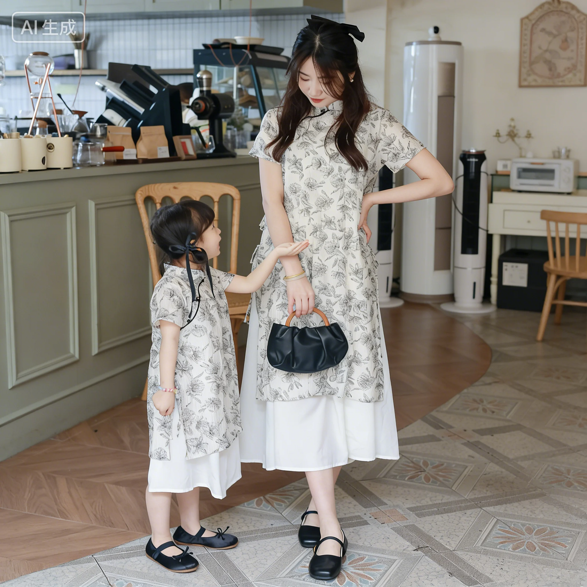 2026 Summer Mother Daughter Matching Dresses Short Sleeve New Chinese Style 2PCS Set Elegant Family Look Outfits for Kids Girls