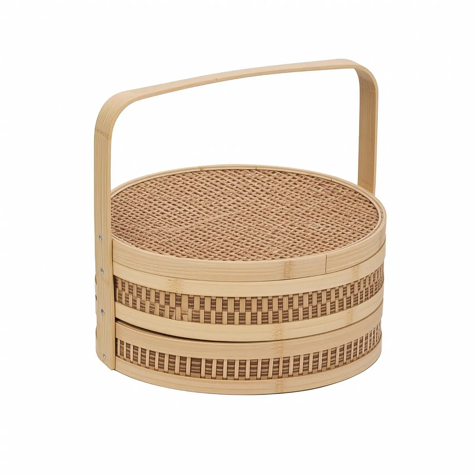 Round Bamboo Mooncake Basket with High Arch Handle for Festive Snack Storage Double Layer Woven Construction