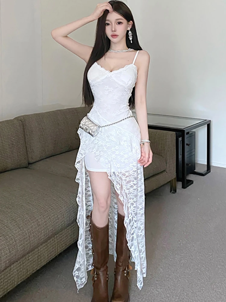 

Women Korean Fashion Chic Kawaii Dress Summer White Lace Elegant Ruffled Long Dress 2025 New One Piece Sling Sexy Club Dresses
