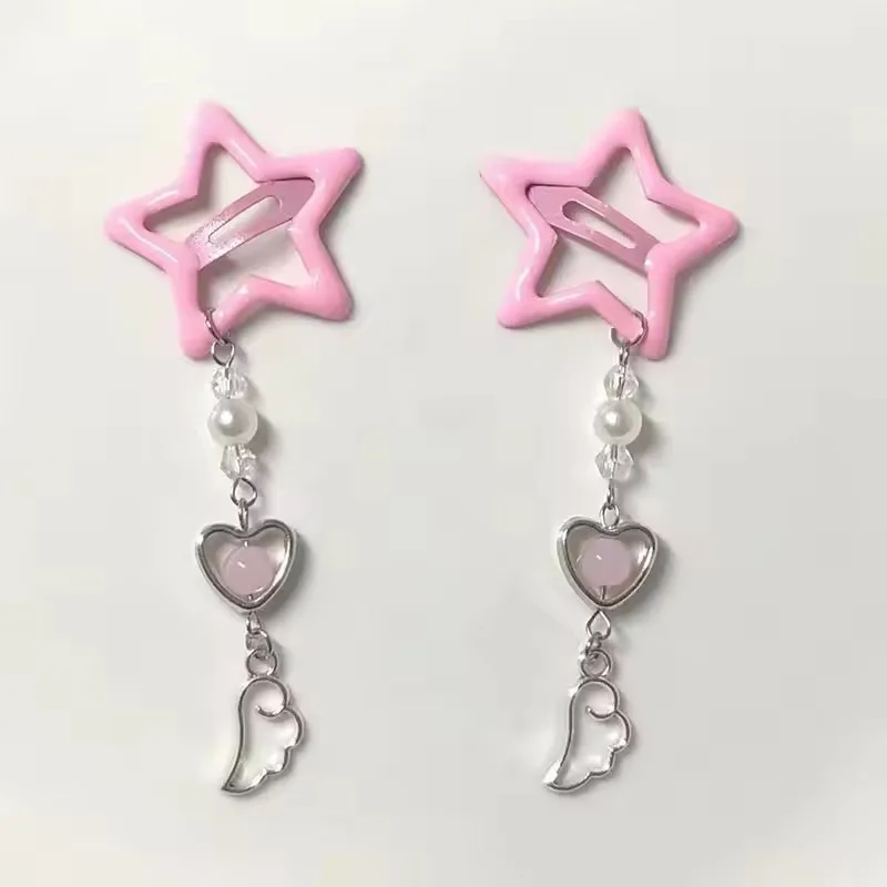 2pcs Korea New Fashion Five-pointed Star Tassel Side Hair Clip Female Creative Handmade Sweet Girl Hair Y2k Butterfly Hairpin view 3