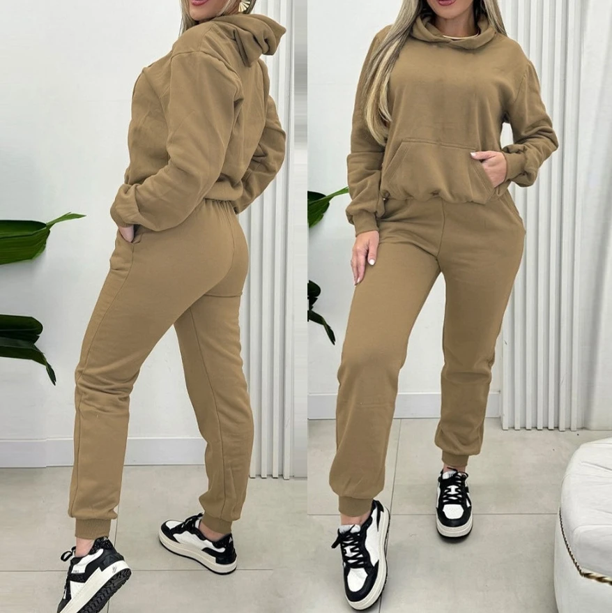 Women\'s Camouflage Style Suits 2025 Autumn Winter Latest Solid Color Fashionable Pants Set with Thick Fleece Hooded Sweatshirt