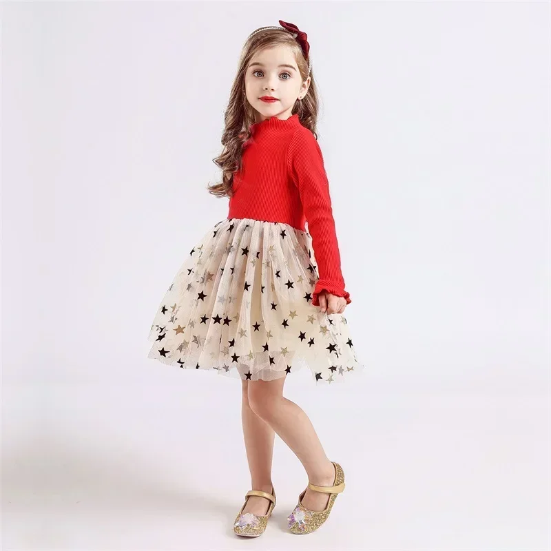 New Girl Autumn Winter Long Sleeve Dress Star Sequin Party Princess Dress Children Casual Clothing Fashion Knitted Tutu Clothing