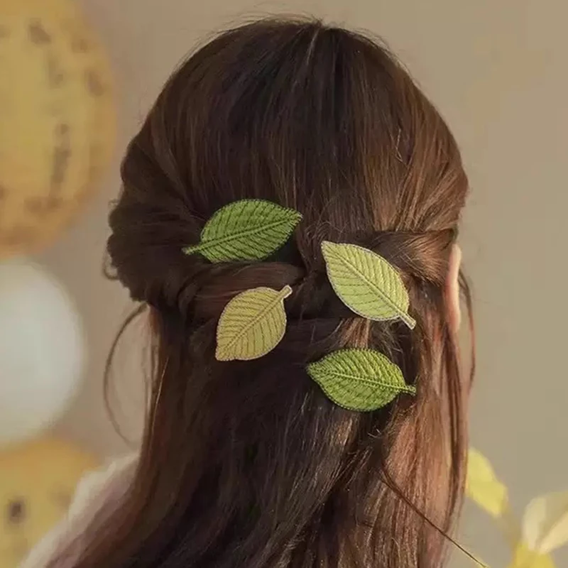 

New Embroidery Green Leaf Hairpin Side Clip Women Fresh Thin Hair Clips Teen Women Hair Pins Accessories