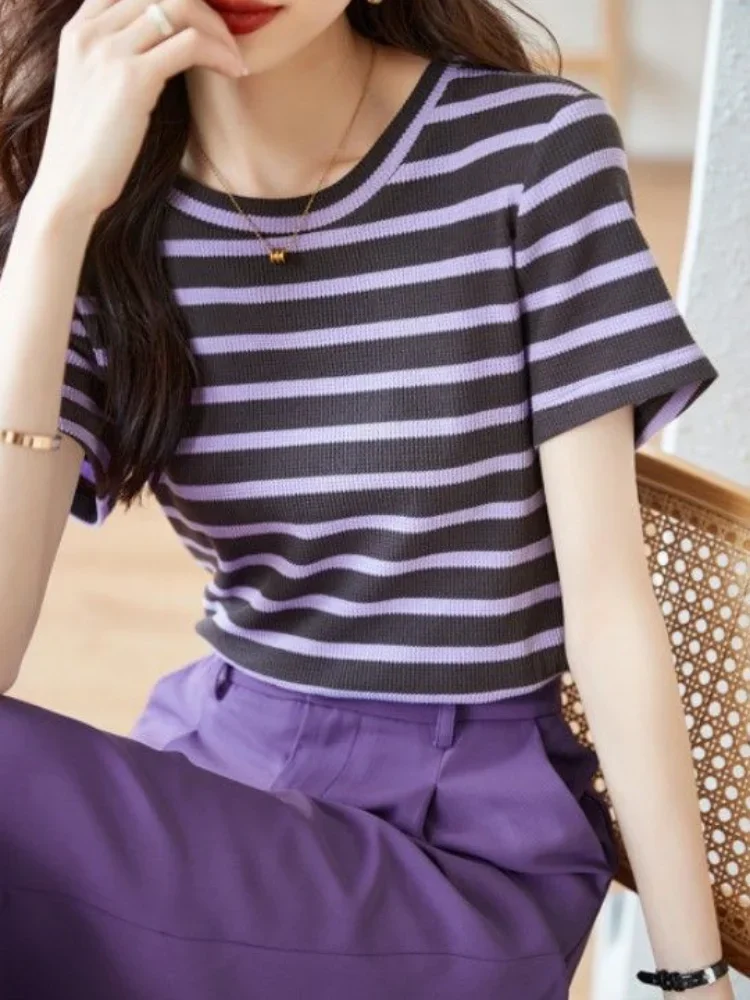 Summer 2024 Stripe Women\'s Top and Pants Two Piece Set Cotton Wide Leg Ladies Trouser Outfit Y2k Streetwear Casual Elegant Cheap