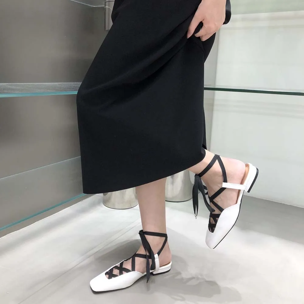 Square Toe Women Sandals Patent Leather Flat Heeled Cross Strap Lace Up Summer Party Sandals Shoes Woman Size 35-39 White Black