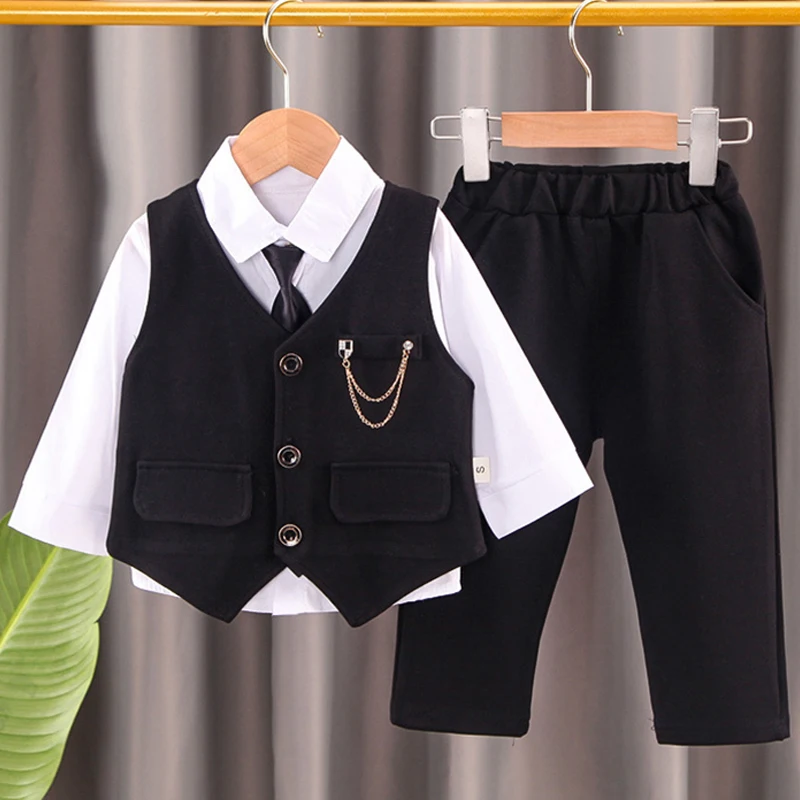 Camiseta blanca de manga larga para niños pequeños, traje a cuadros con corbata, trajes de 3 piezas, conjunto de ropa Formal para niños