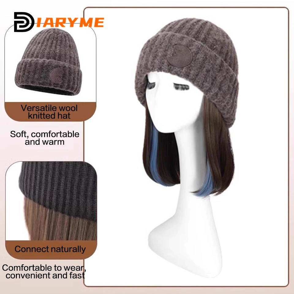 Peluca de gorro sintético para mujer, pelo corto y liso, tejido conectado, gorro de felpa, cálido, ajustable, Natural, Invierno