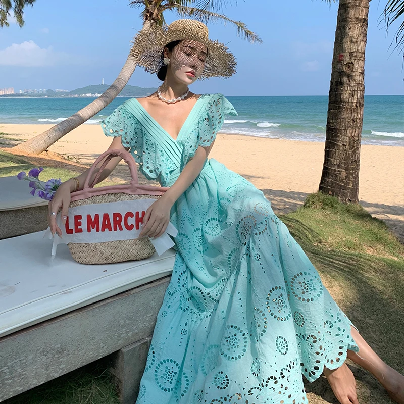 

Тайское платье с вышивкой, кружевом и цветочным узором, с плиссированными рукавами, V-образным вырезом, летнее, хлопковое, с завышенной талией, А-силуэт