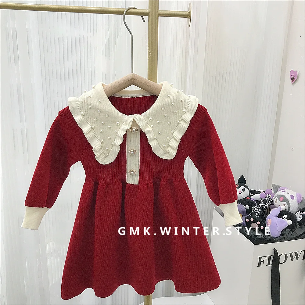 Girls Autumn Dress 2024 New Childrens Knitted Woolen Dress Childrens Baby Princess Dress Kids Clothes